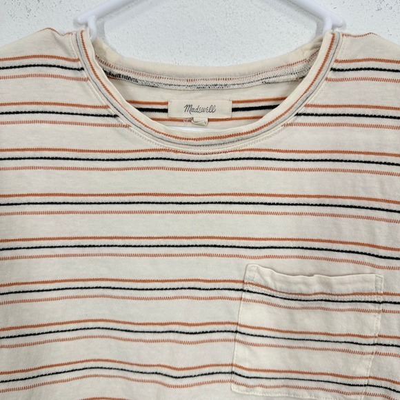 Madewell Women's Size XS Cropped Striped Pocket‎ T Shirt Cream Rust Black Cotton - Picture 3 of 8